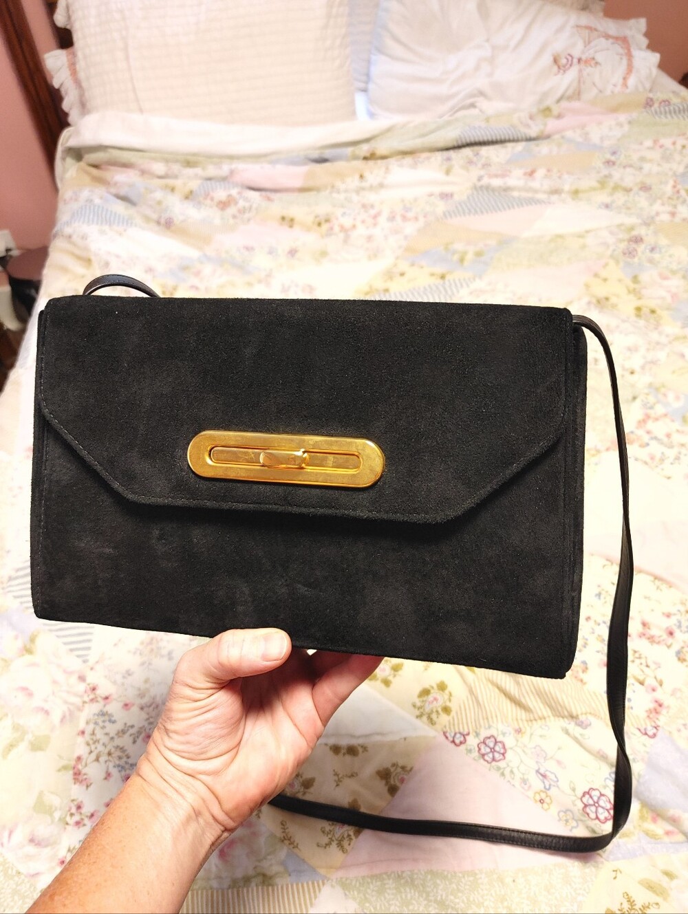 Vintage Black Suede Box Purse With Gold Tone Hardware